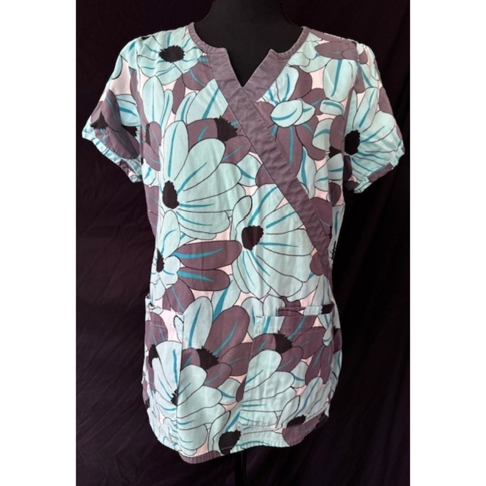 Beyond Scrubs Floral Scrub Top Womens Medium Turquoise Purple Mock Wrap V-Neck